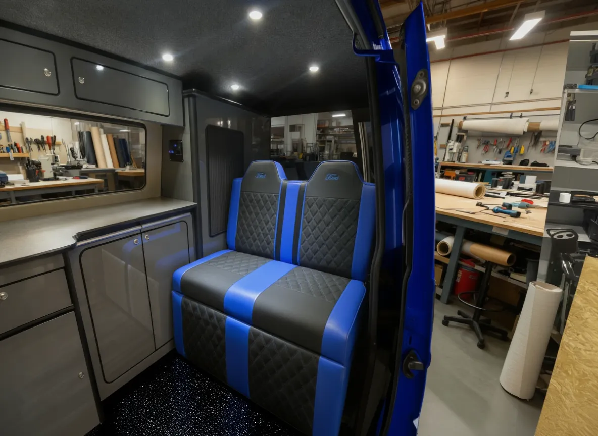 Rock n roll bed with Ford logo black with blue Bentley stitching Blue Note Upholstery